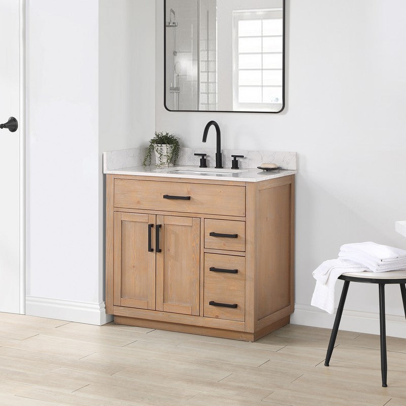 557036-RB-GW-NM Gavino 35 1/4 Inch Single Bathroom Vanity with White Composite Stone Countertop without Mirror, Light Brown