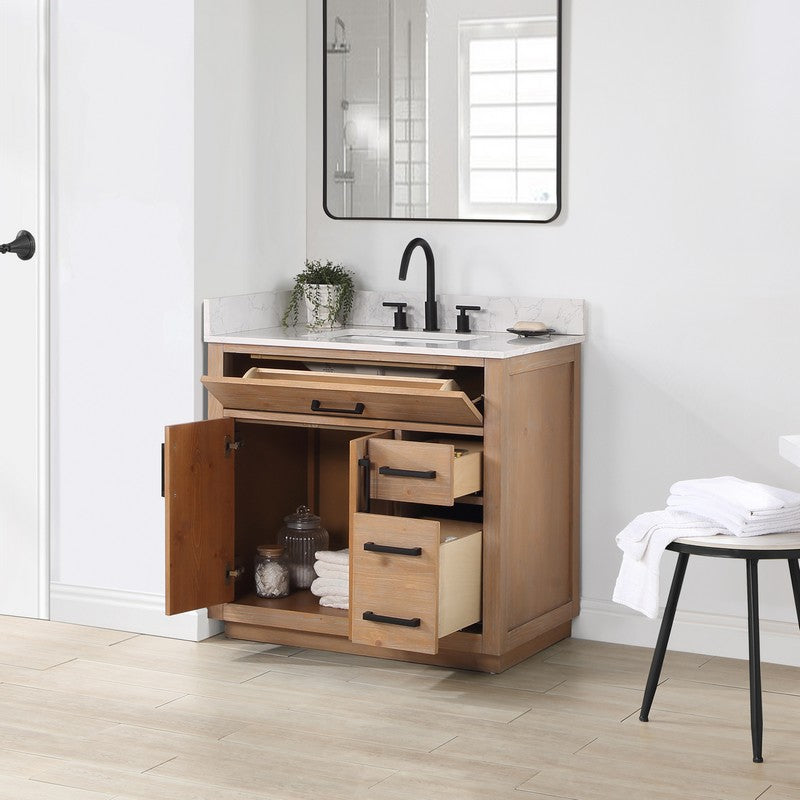 557036-RB-GW-NM Gavino 35 1/4 Inch Single Bathroom Vanity with White Composite Stone Countertop without Mirror, Light Brown
