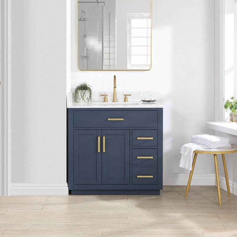 557036-RB-GW-NM Gavino 35 1/4 Inch Single Bathroom Vanity with White Composite Stone Countertop without Mirror, Light Brown