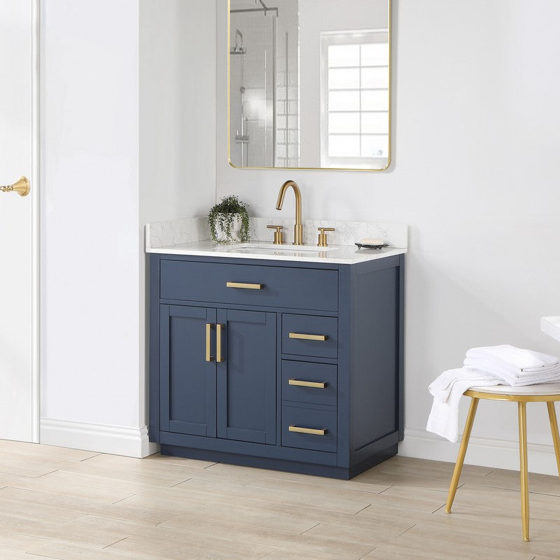 557036-RB-GW-NM Gavino 35 1/4 Inch Single Bathroom Vanity with White Composite Stone Countertop without Mirror, Light Brown