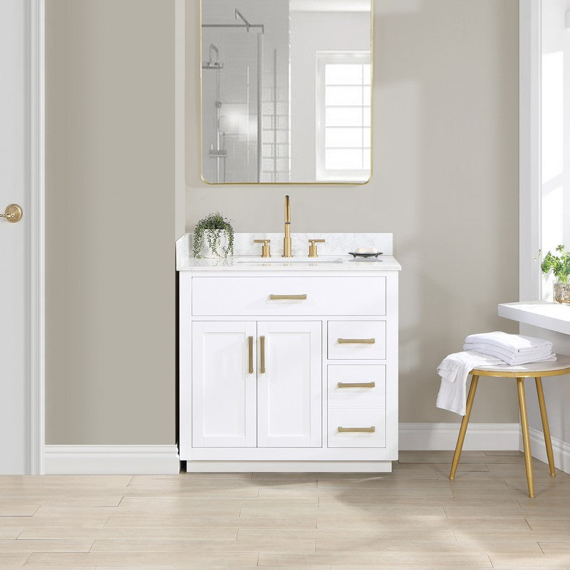 557036-RB-GW-NM Gavino 35 1/4 Inch Single Bathroom Vanity with White Composite Stone Countertop without Mirror, Light Brown