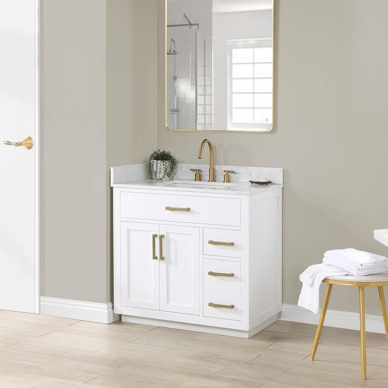557036-RB-GW-NM Gavino 35 1/4 Inch Single Bathroom Vanity with White Composite Stone Countertop without Mirror, Light Brown