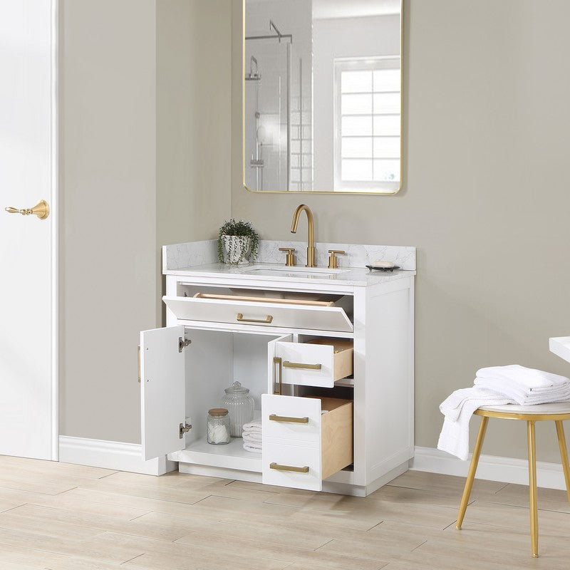 557036-RB-GW-NM Gavino 35 1/4 Inch Single Bathroom Vanity with White Composite Stone Countertop without Mirror, Light Brown