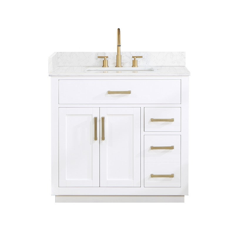 557036-RB-GW-NM Gavino 35 1/4 Inch Single Bathroom Vanity with White Composite Stone Countertop without Mirror, Light Brown