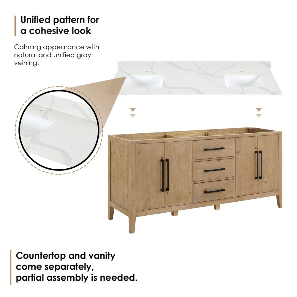 Laurel 72 Inch Double Sink Bathroom Vanity with Calacatta White Quartz Stone Countertop