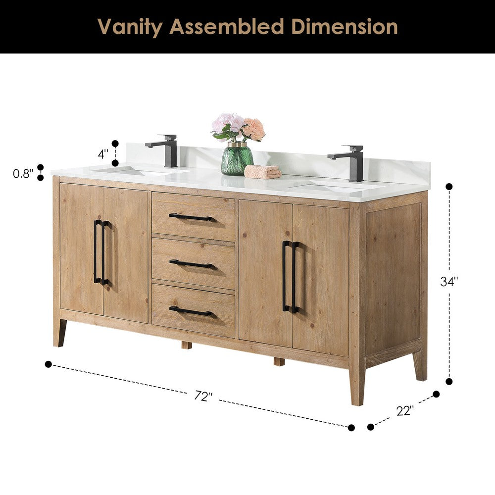 Laurel 72 Inch Double Sink Bathroom Vanity with Calacatta White Quartz Stone Countertop