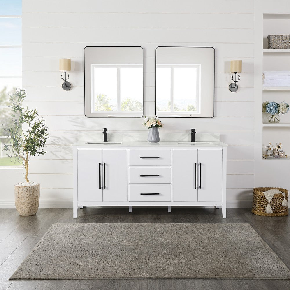 Laurel 72 Inch Double Sink Bathroom Vanity with Calacatta White Quartz Stone Countertop