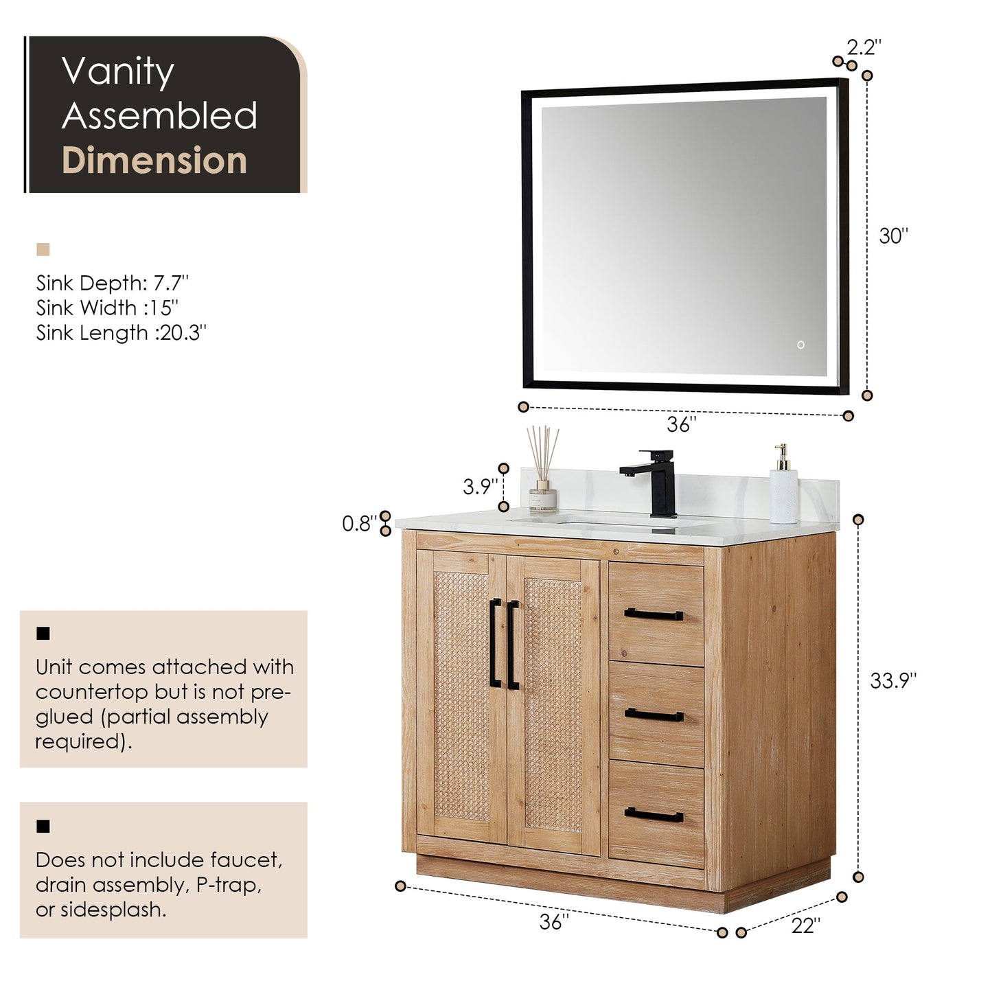 Floral 36" Single Bathroom Vanity in Light Brown with Calacatta White Quartz Countertop