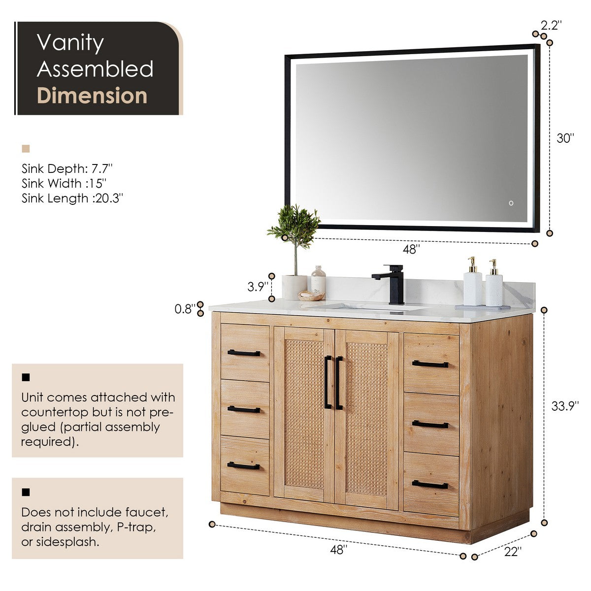 Floral 48 Inch Freestanding Single Sink Bathroom Vanity in Light Brown with Calacatta White Quartz Countertop, Without Mirror