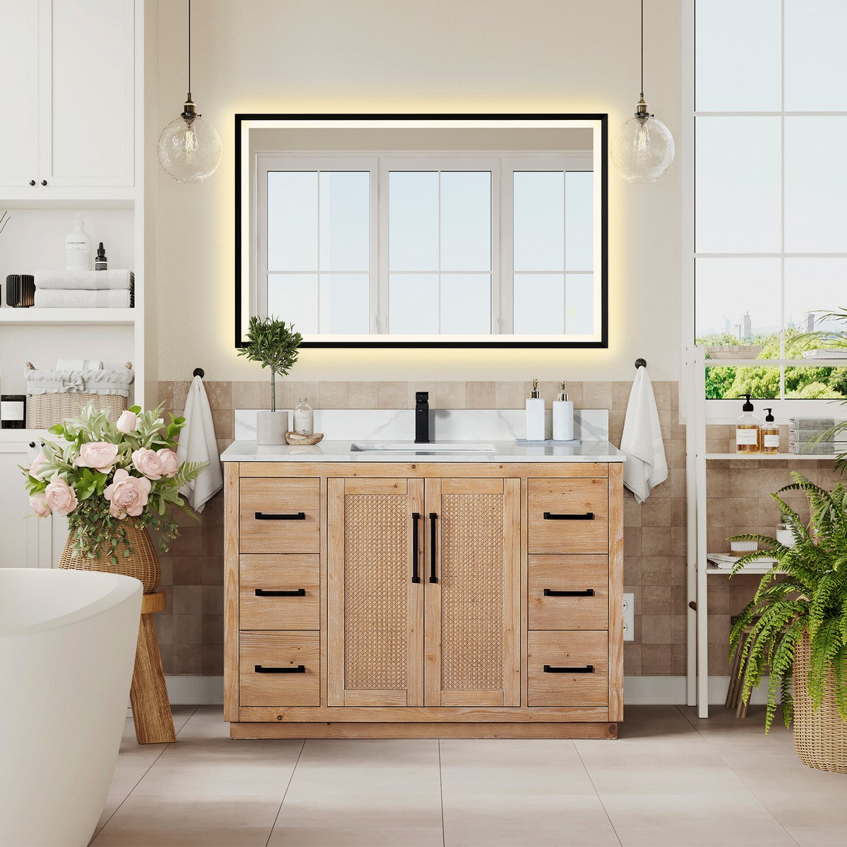 Floral 48 Inch Freestanding Single Sink Bathroom Vanity in Light Brown with Calacatta White Quartz Countertop, Without Mirror