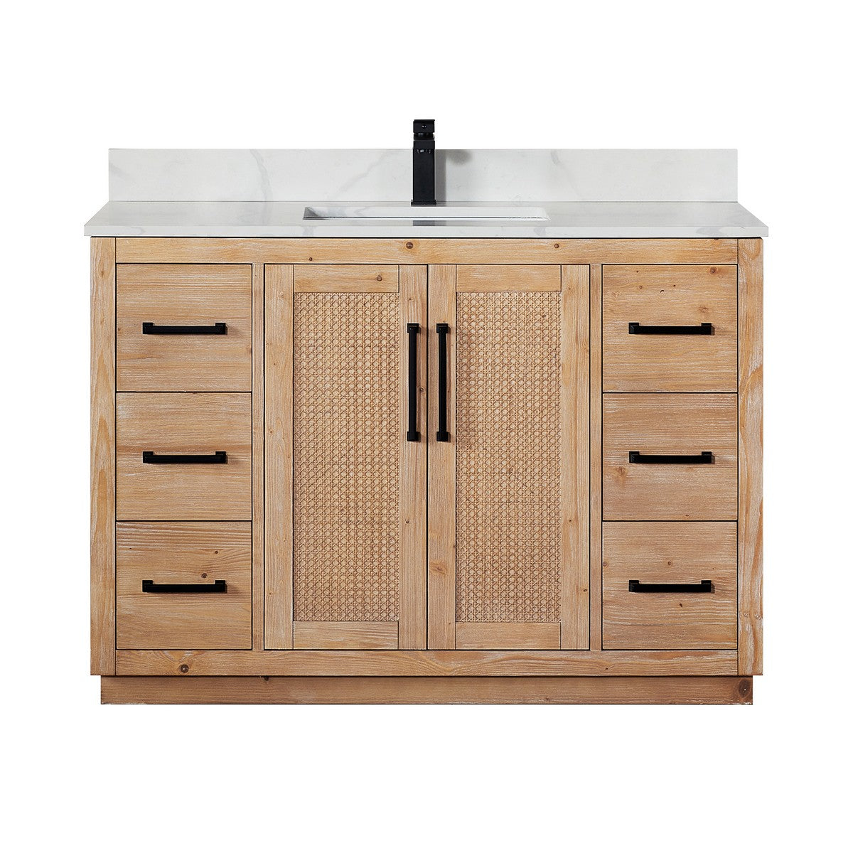 Floral 48 Inch Freestanding Single Sink Bathroom Vanity in Light Brown with Calacatta White Quartz Countertop, Without Mirror
