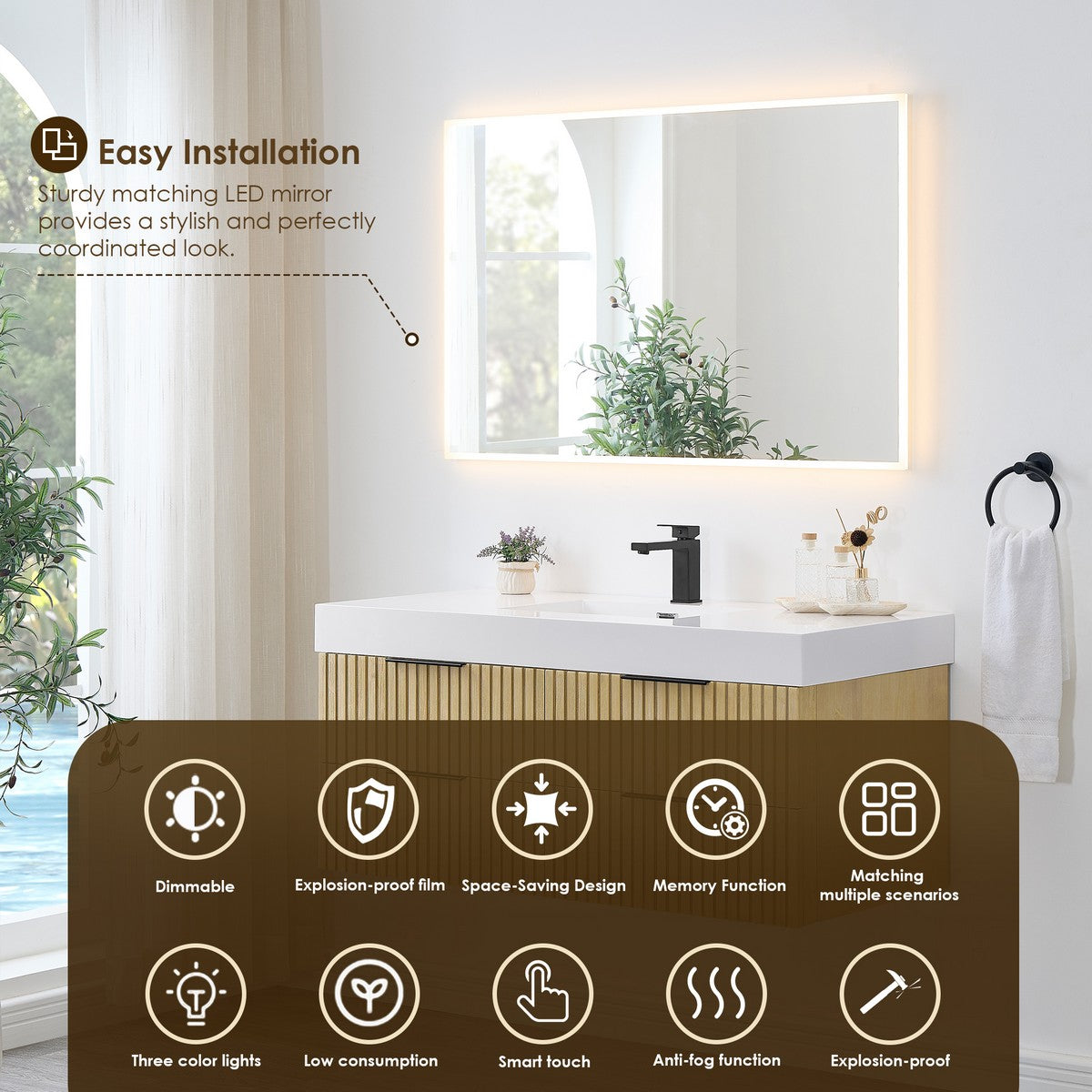 Livia Wall-mounted Single Bathroom Vanity in Nature Brown, 48inch, No Mirror