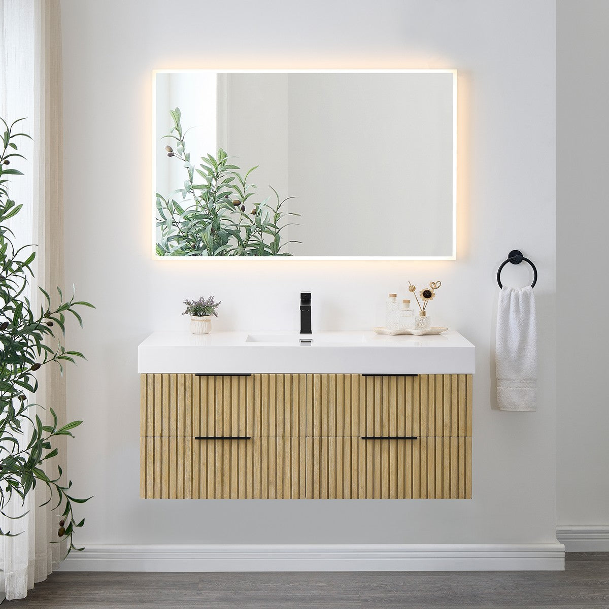 Livia Wall-mounted Single Bathroom Vanity in Nature Brown, 48inch, No Mirror