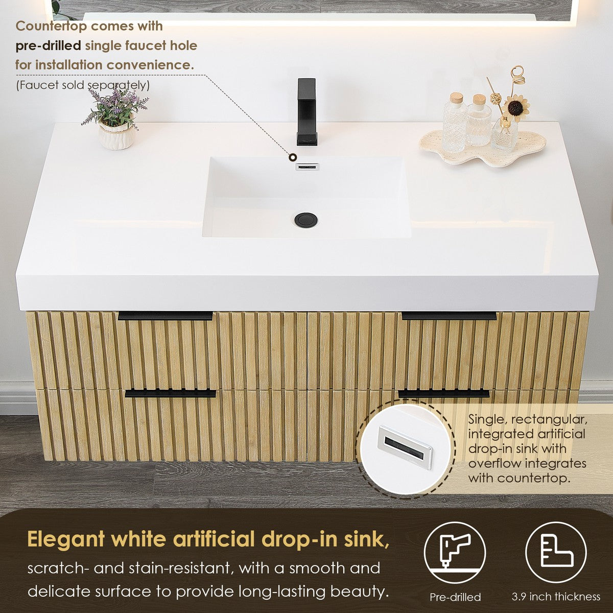 Livia Wall-mounted Single Bathroom Vanity in Nature Brown, 48inch, No Mirror