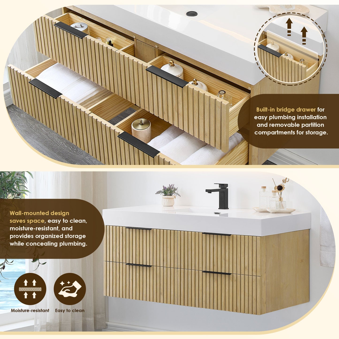 Livia 48" Wall-mounted Single Bathroom Vanity with White Artificial Drop-in Sink