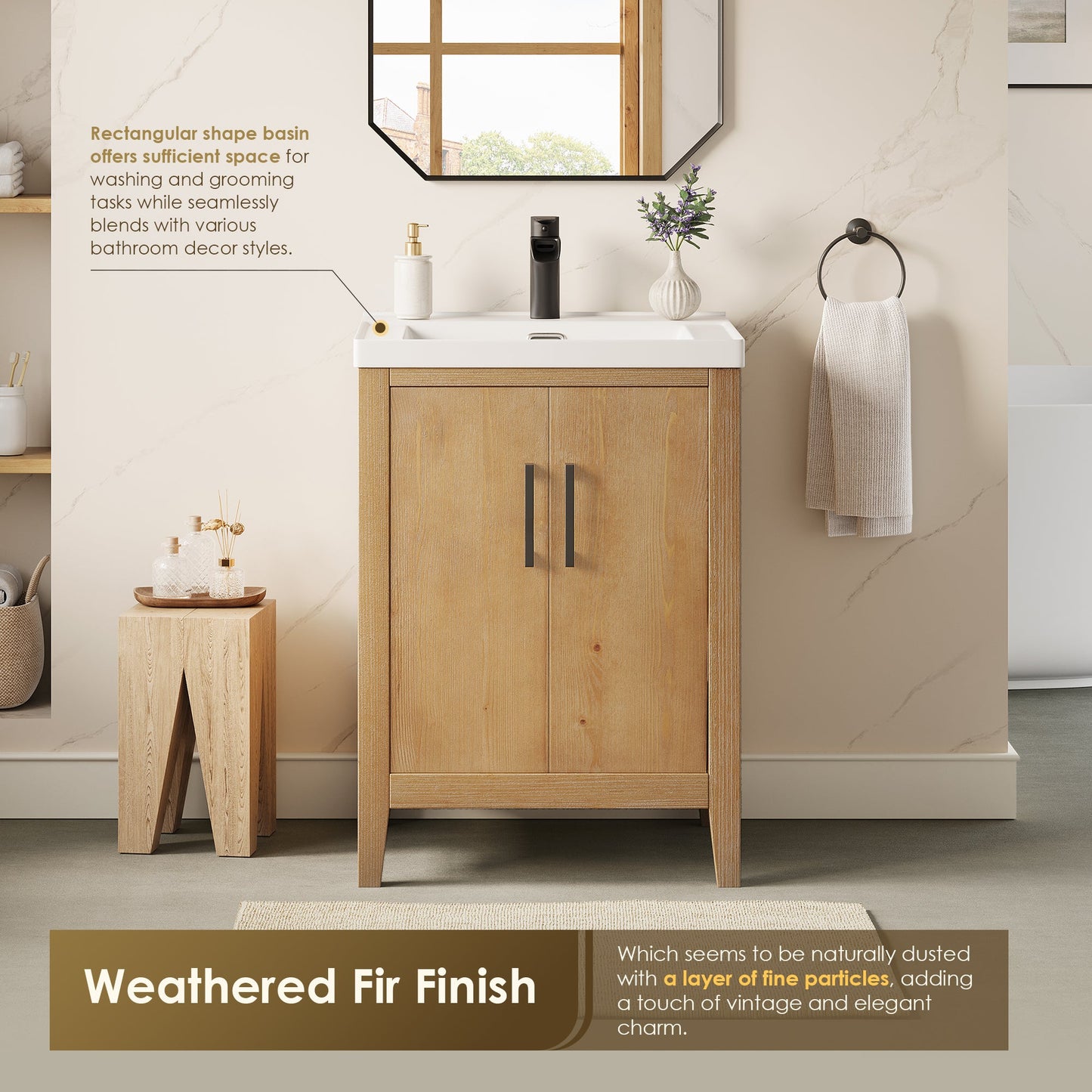 Solara 24" Single Bathroom Vanity in Weathered Fir with White Ceramic Intergated Sink