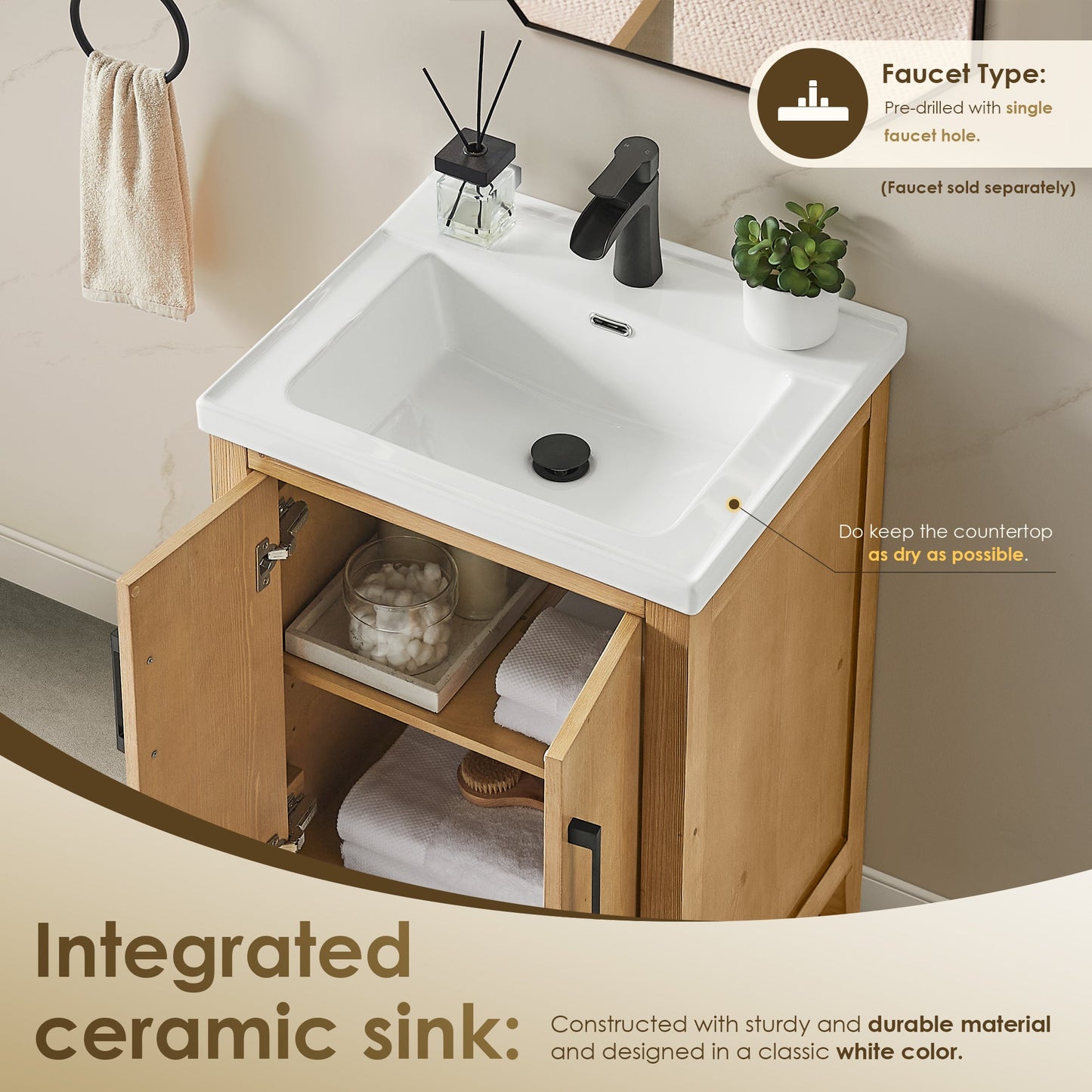 Solara 24" Single Bathroom Vanity in Weathered Fir with White Ceramic Intergated Sink