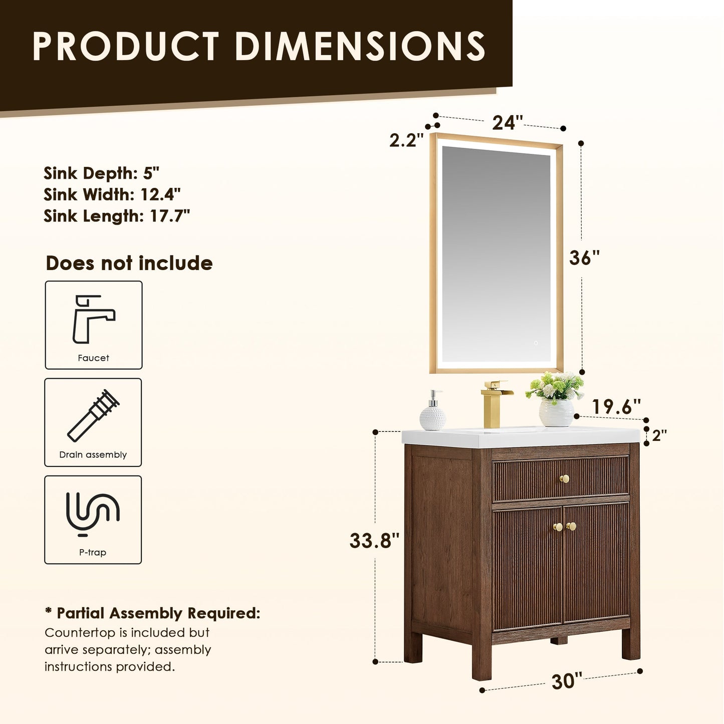 Cerrito 30" Single Bathroom Vanity with White Engineered Stone Integrated Sink