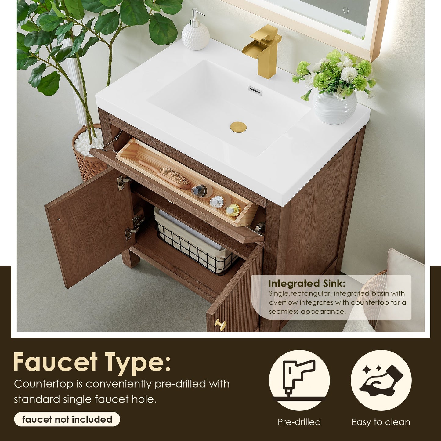 Cerrito 30" Single Bathroom Vanity with White Engineered Stone Integrated Sink