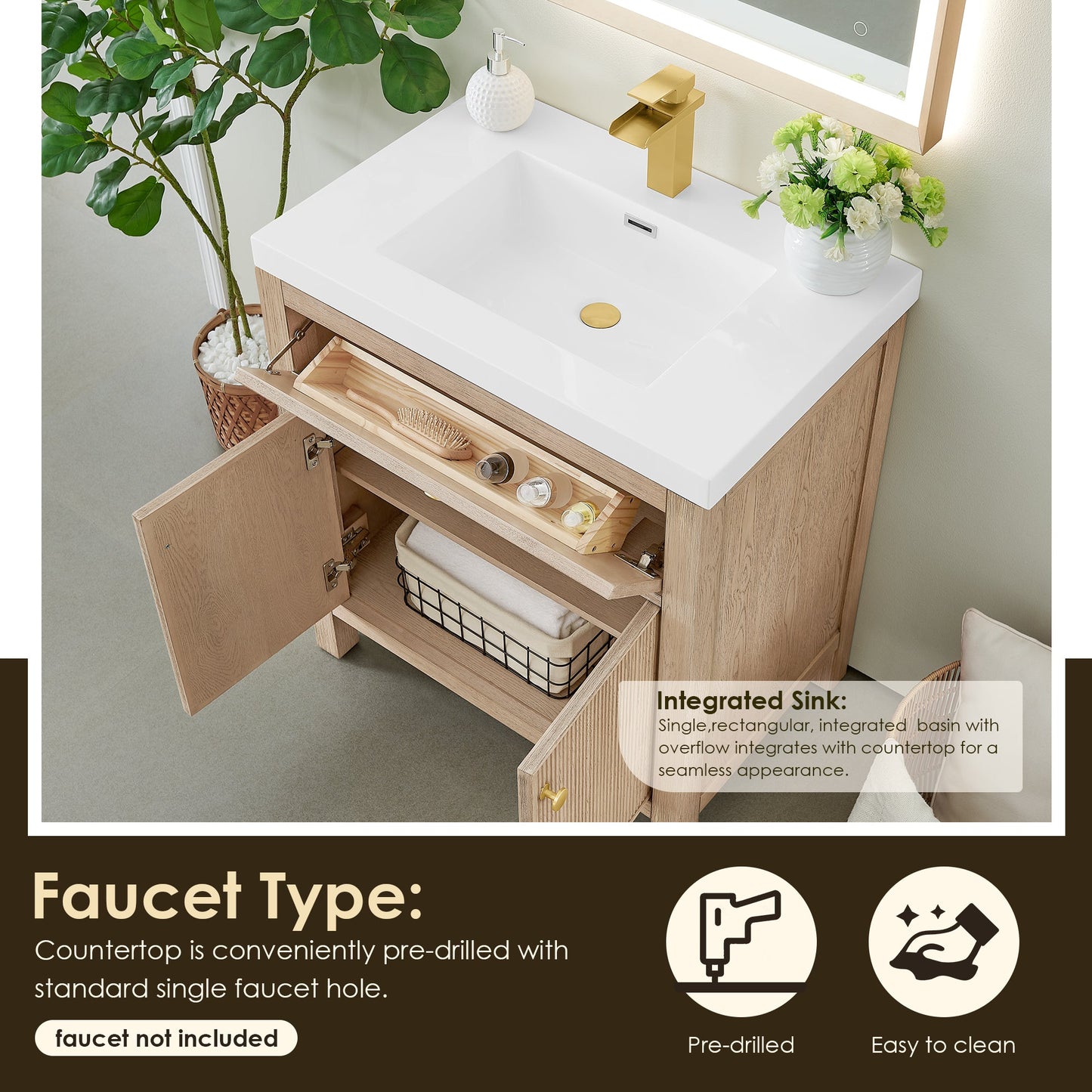 Cerrito 30" Single Bathroom Vanity with White Engineered Stone Integrated Sink