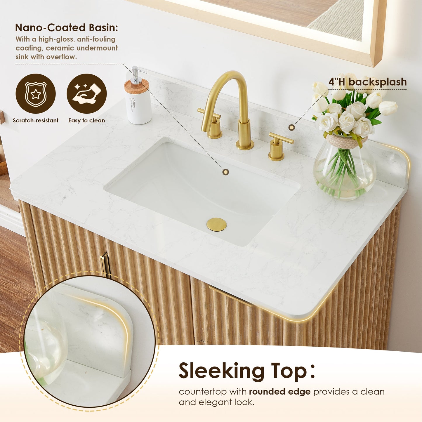Sierra 36" Single Bathroom Vanity in Washed Light Brown with Engineered Stone Countertop