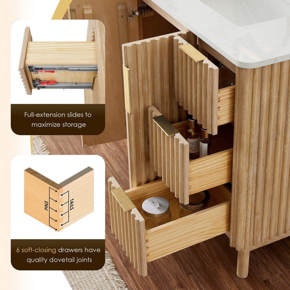 Sierra 48 Inch Freestanding Single Sink Bathroom Vanity in Washing Light Brown with Grain White Engineered Stone Countertop