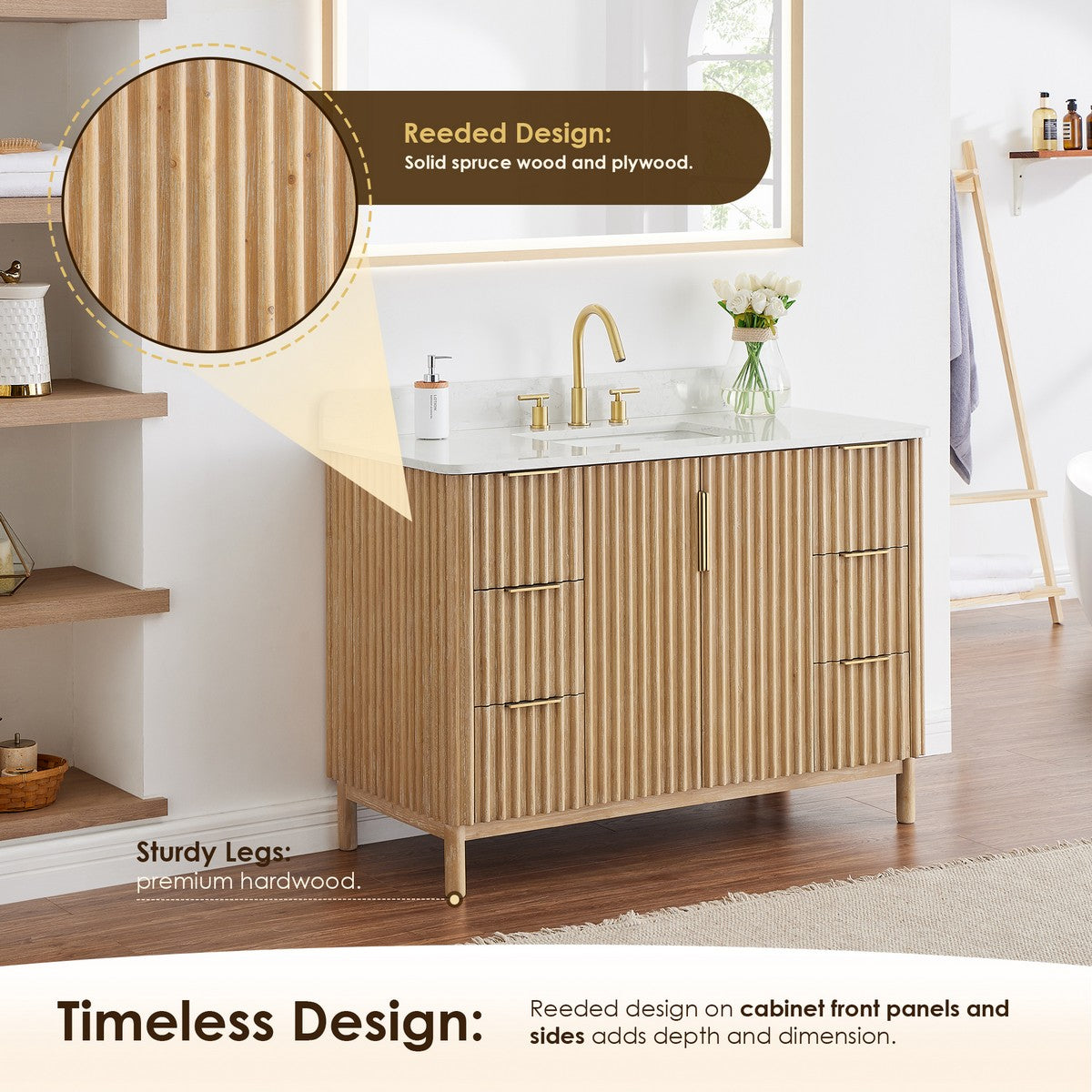 Sierra 48 Inch Freestanding Single Sink Bathroom Vanity in Washing Light Brown with Grain White Engineered Stone Countertop