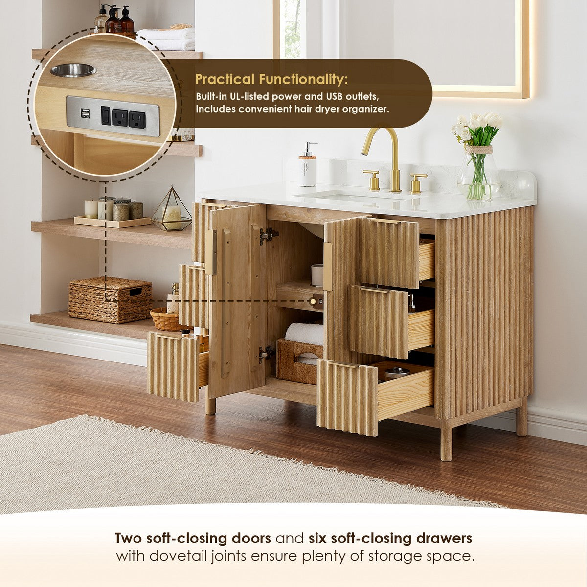Sierra 48 Inch Freestanding Single Sink Bathroom Vanity in Washing Light Brown with Grain White Engineered Stone Countertop