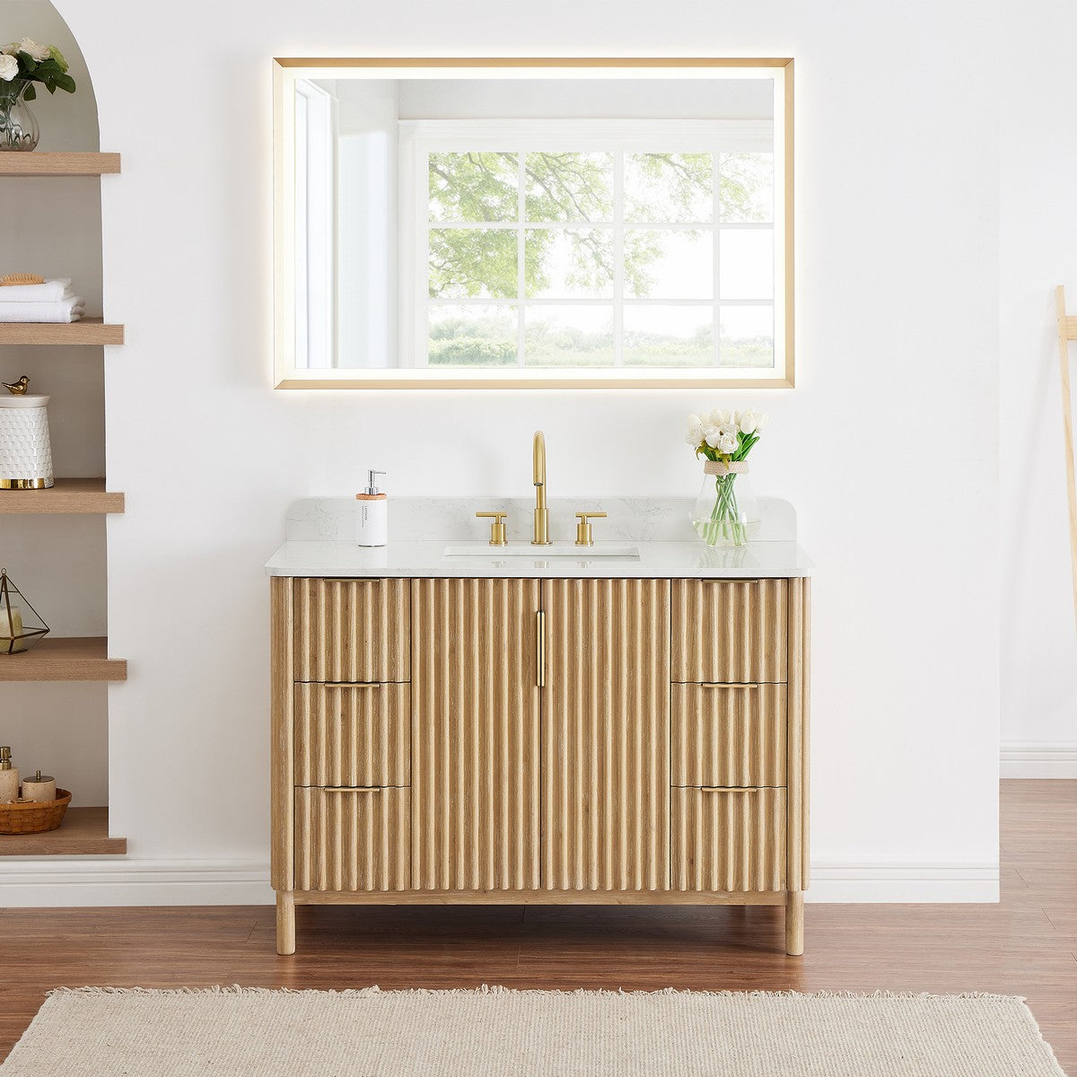 Sierra 48 Inch Freestanding Single Sink Bathroom Vanity in Washing Light Brown with Grain White Engineered Stone Countertop