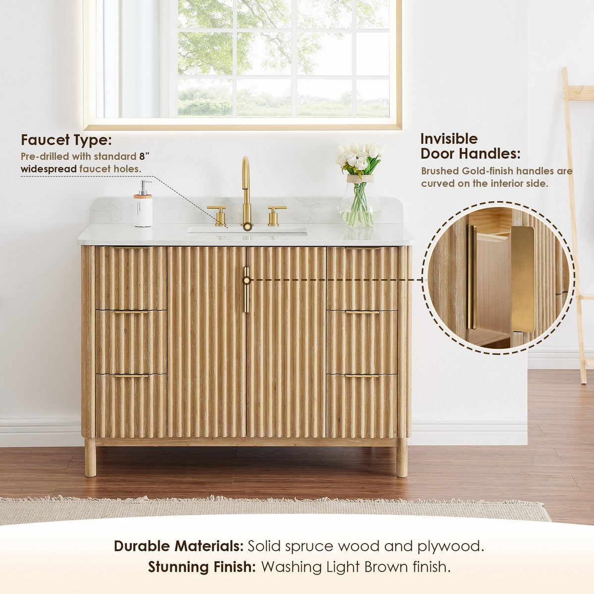 Sierra 48 Inch Freestanding Single Sink Bathroom Vanity in Washing Light Brown with Grain White Engineered Stone Countertop