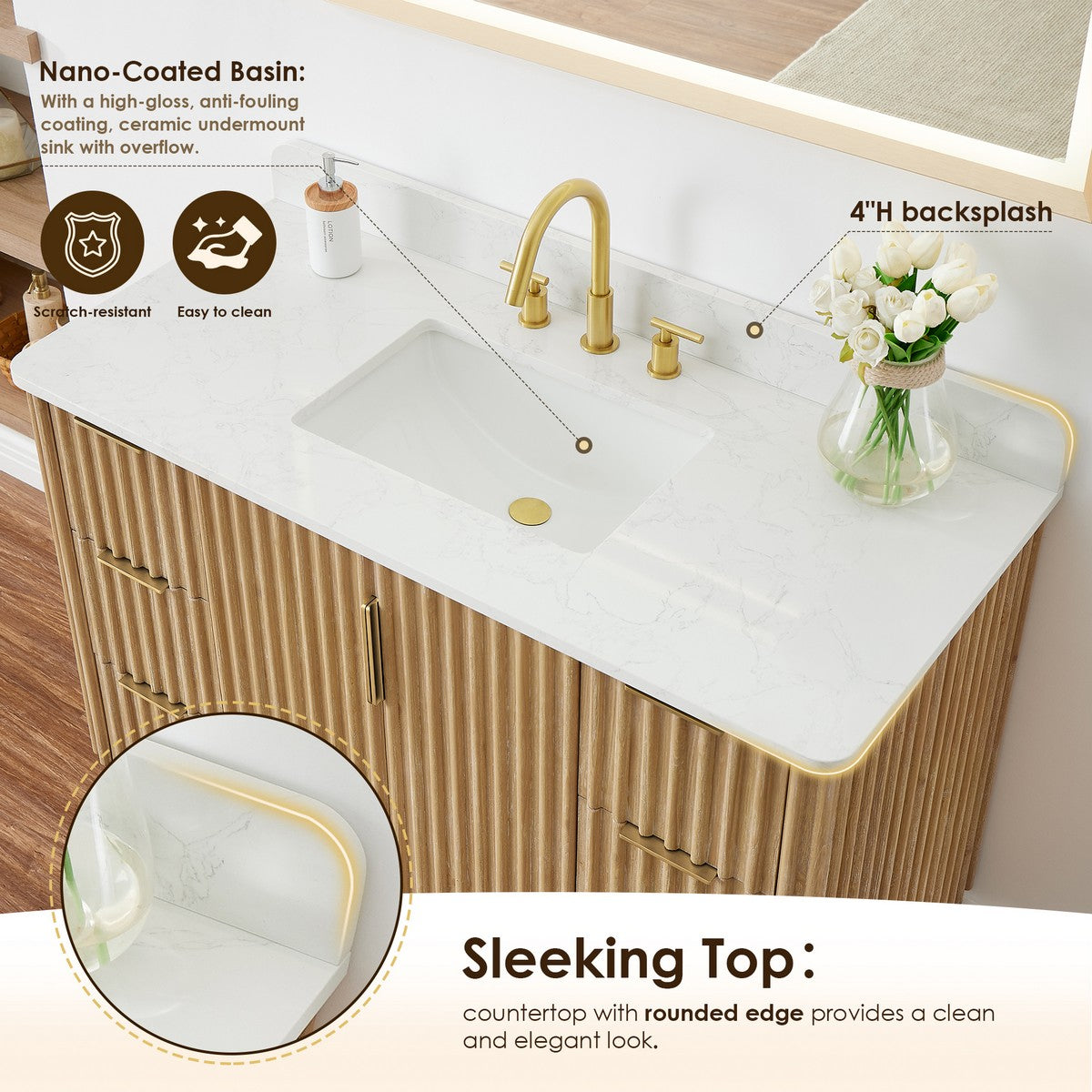Sierra 48 Inch Freestanding Single Sink Bathroom Vanity in Washing Light Brown with Grain White Engineered Stone Countertop