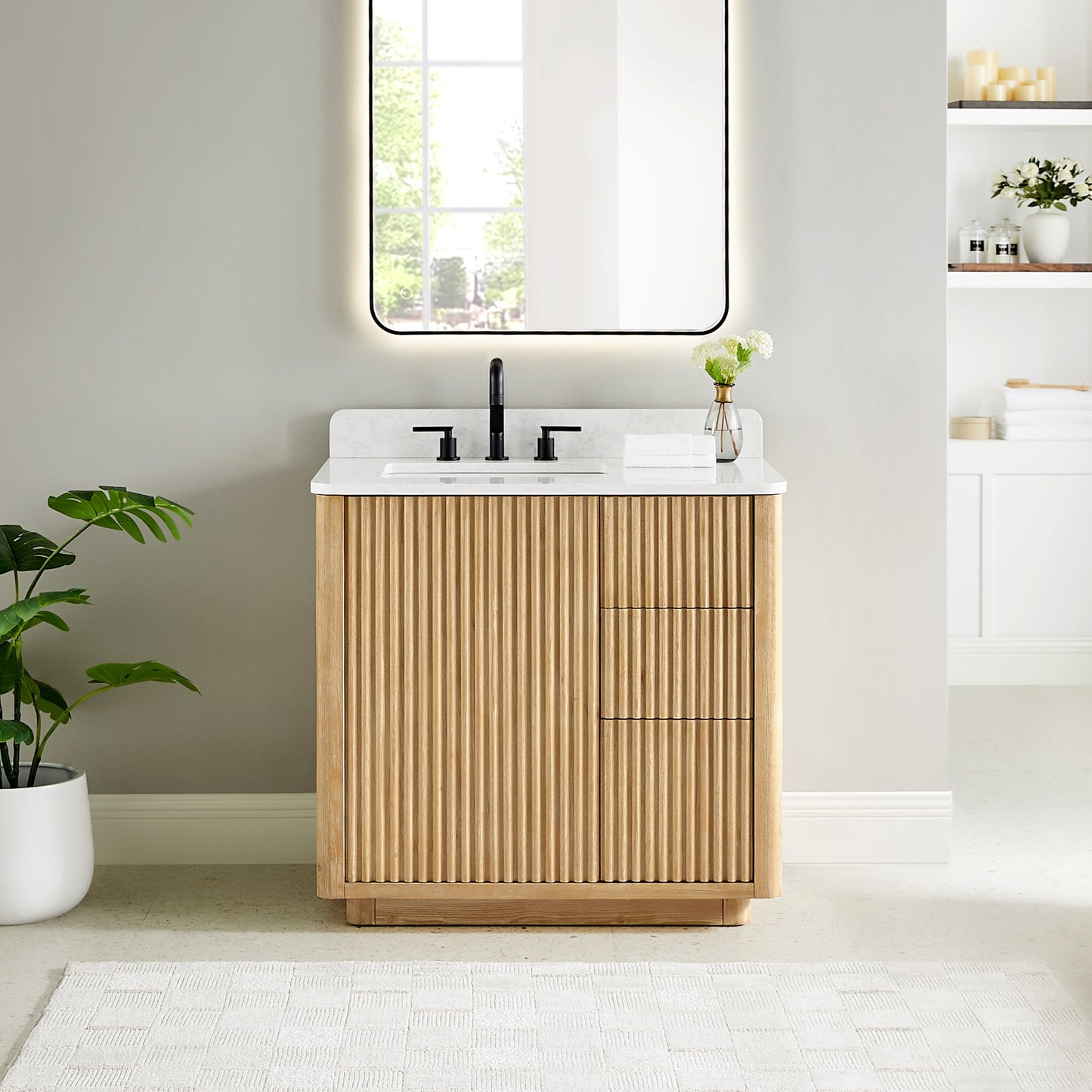 Clayton 36" Single Bathroom Vanity in Washed Light Brown with Grain White Engineered Stone Countertop