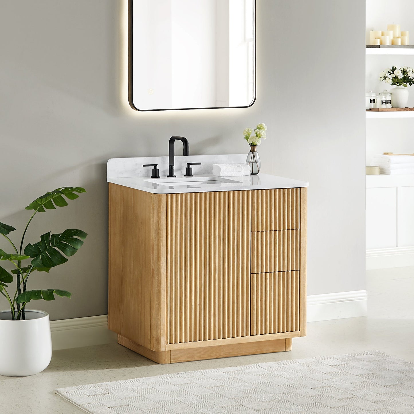 Clayton 36" Single Bathroom Vanity in Washed Light Brown with Grain White Engineered Stone Countertop