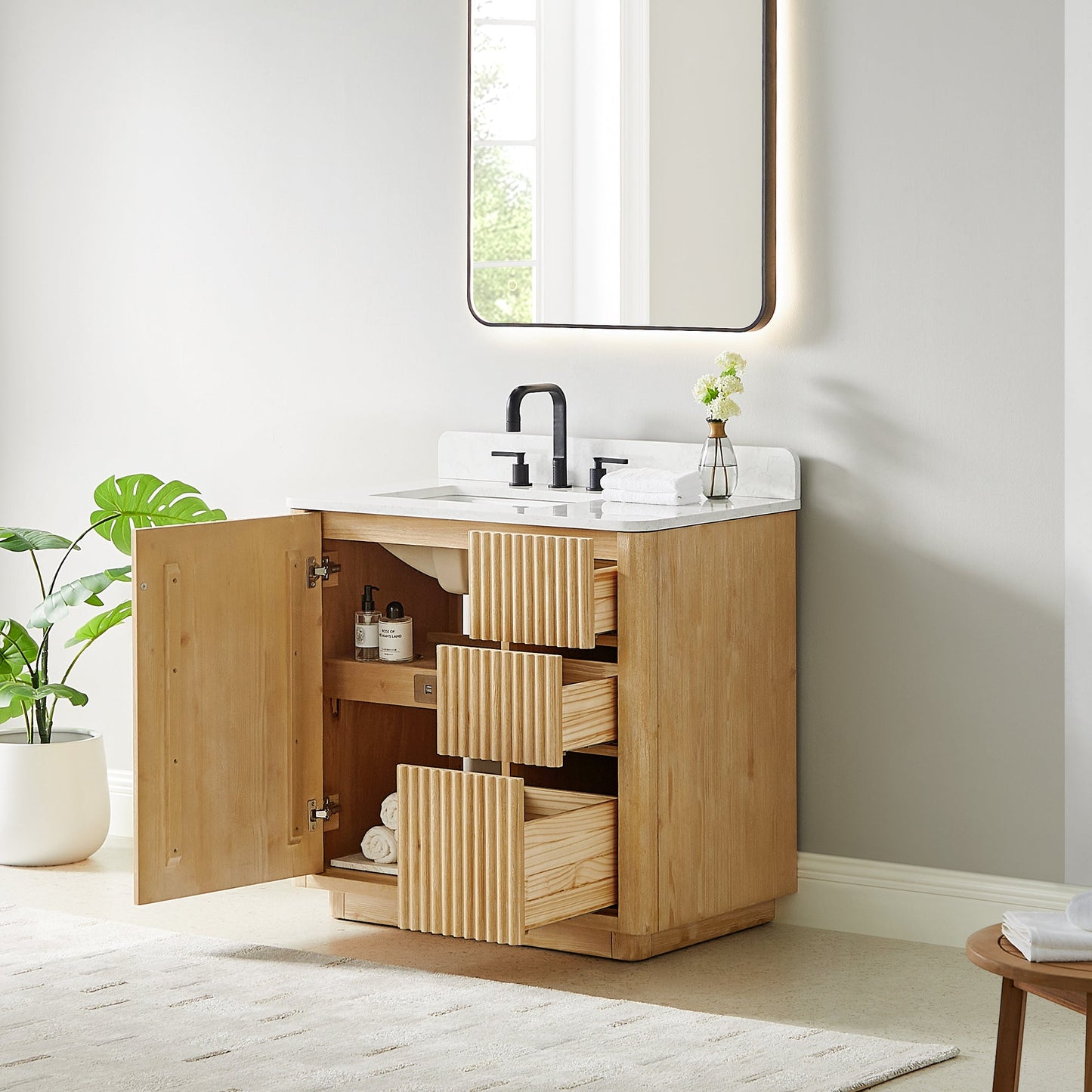 Clayton 36" Single Bathroom Vanity in Washed Light Brown with Grain White Engineered Stone Countertop