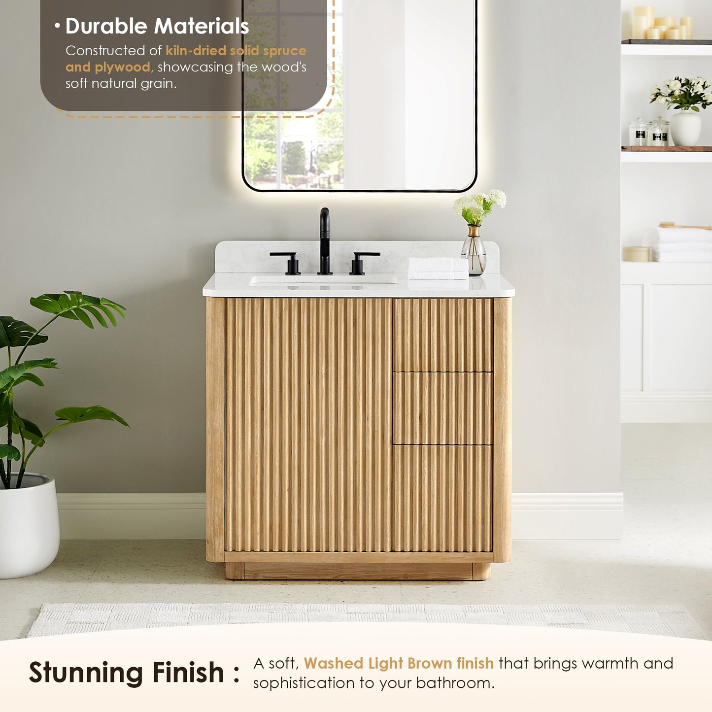 Clayton 36" Single Bathroom Vanity in Washed Light Brown with Grain White Engineered Stone Countertop