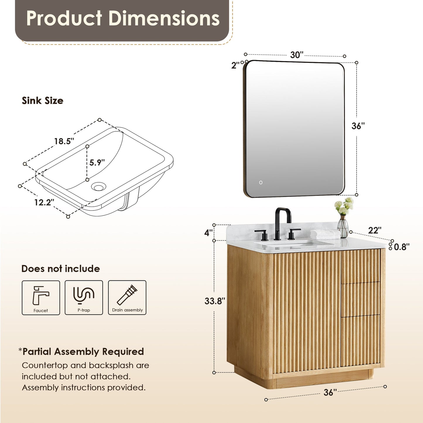 Clayton 36" Single Bathroom Vanity in Washed Light Brown with Grain White Engineered Stone Countertop