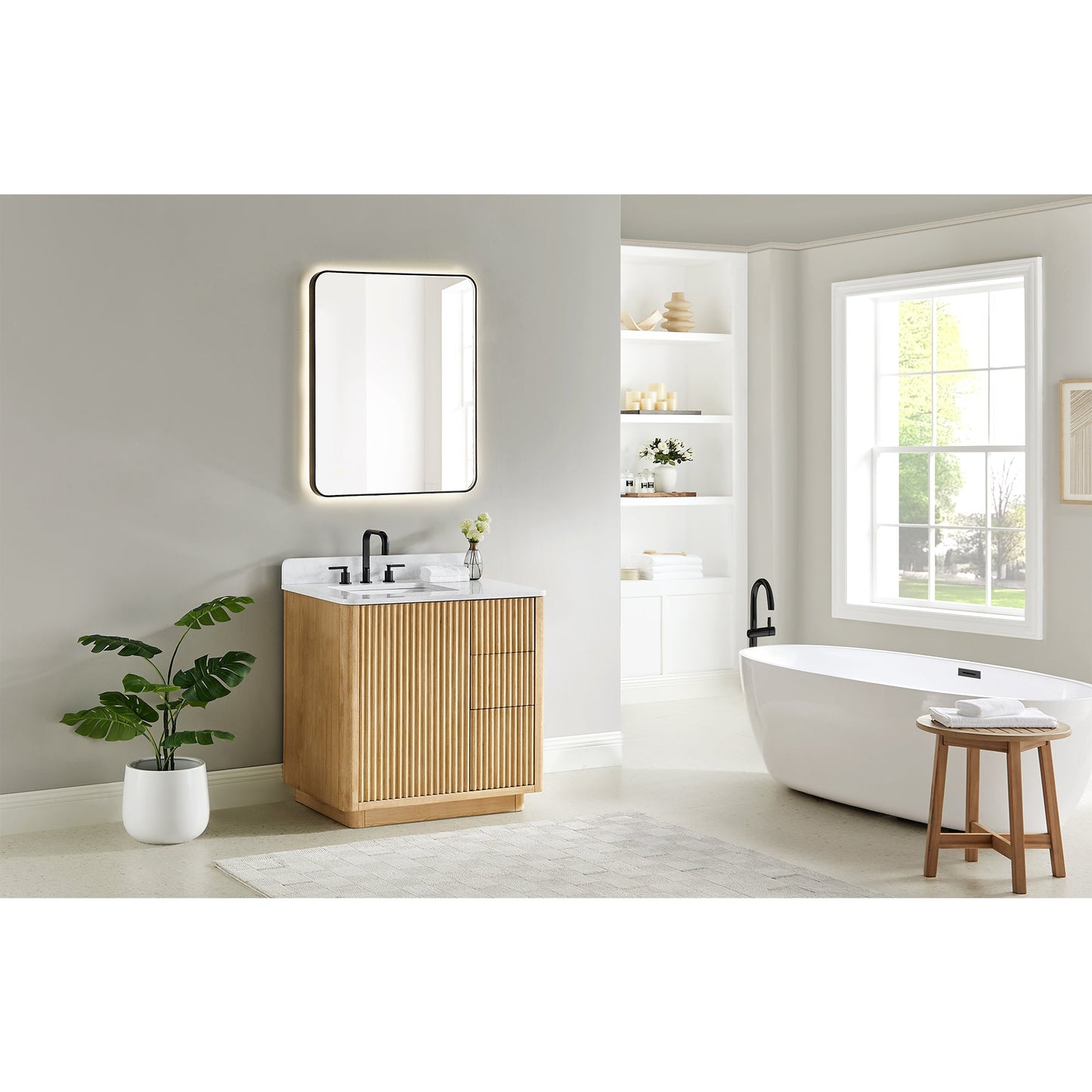 Clayton 36" Single Bathroom Vanity in Washed Light Brown with Grain White Engineered Stone Countertop