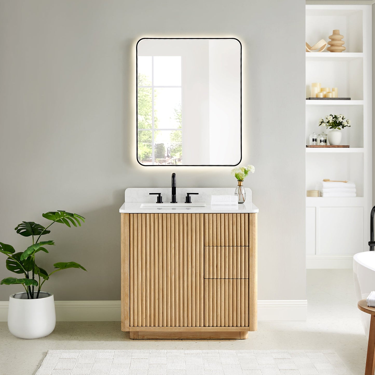 Clayton 36" Single Bathroom Vanity in Washed Light Brown with Grain White Engineered Stone Countertop