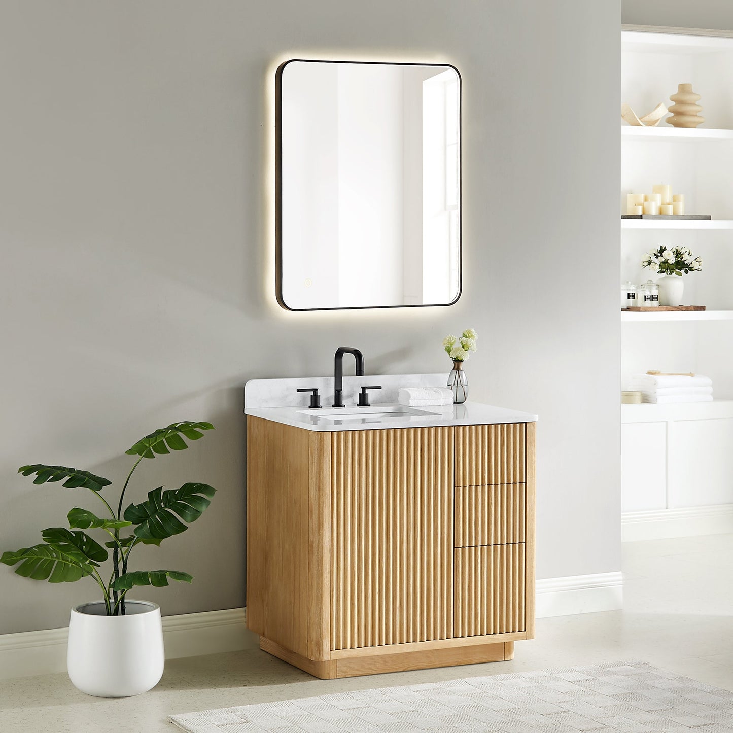 Clayton 36" Single Bathroom Vanity in Washed Light Brown with Grain White Engineered Stone Countertop