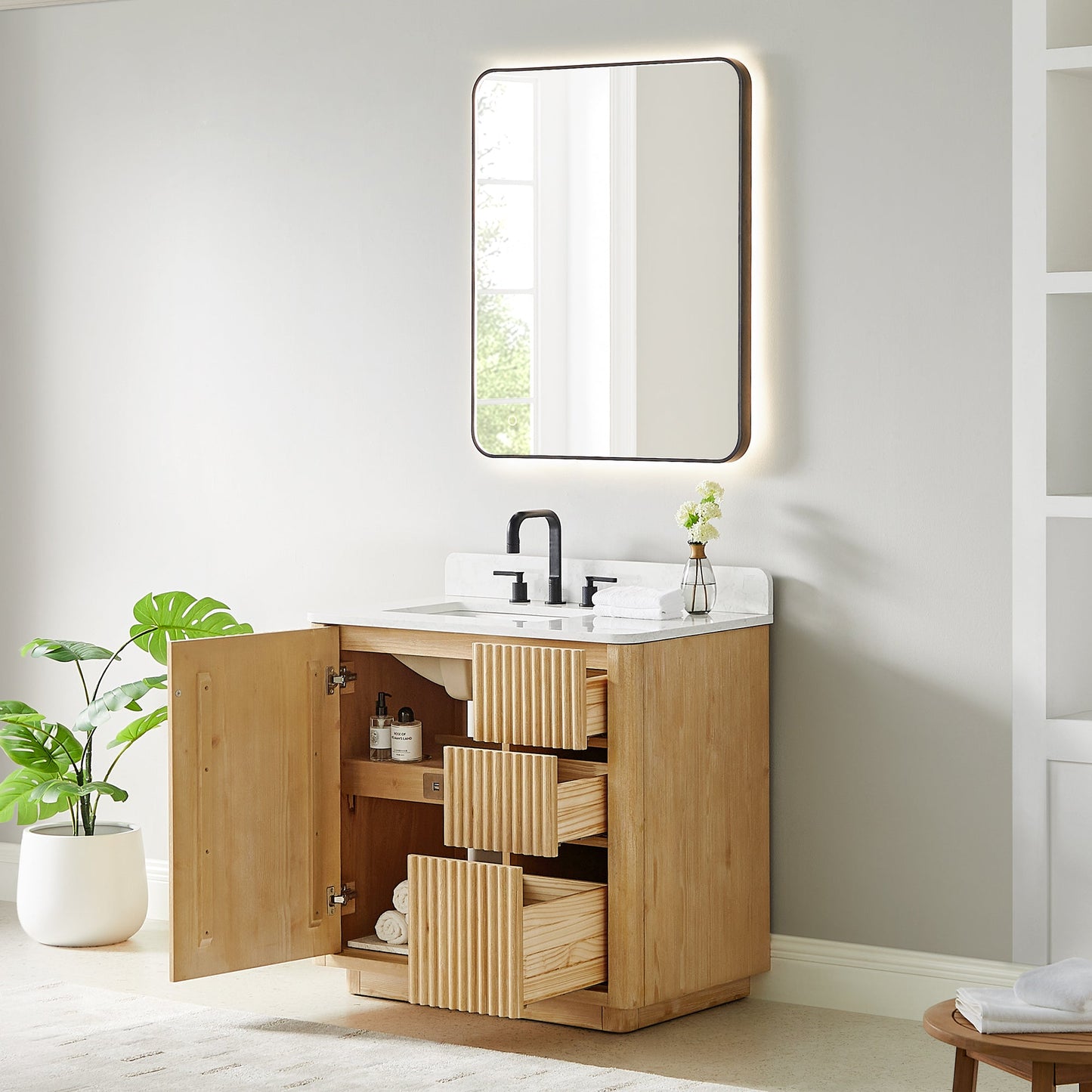 Clayton 36" Single Bathroom Vanity in Washed Light Brown with Grain White Engineered Stone Countertop