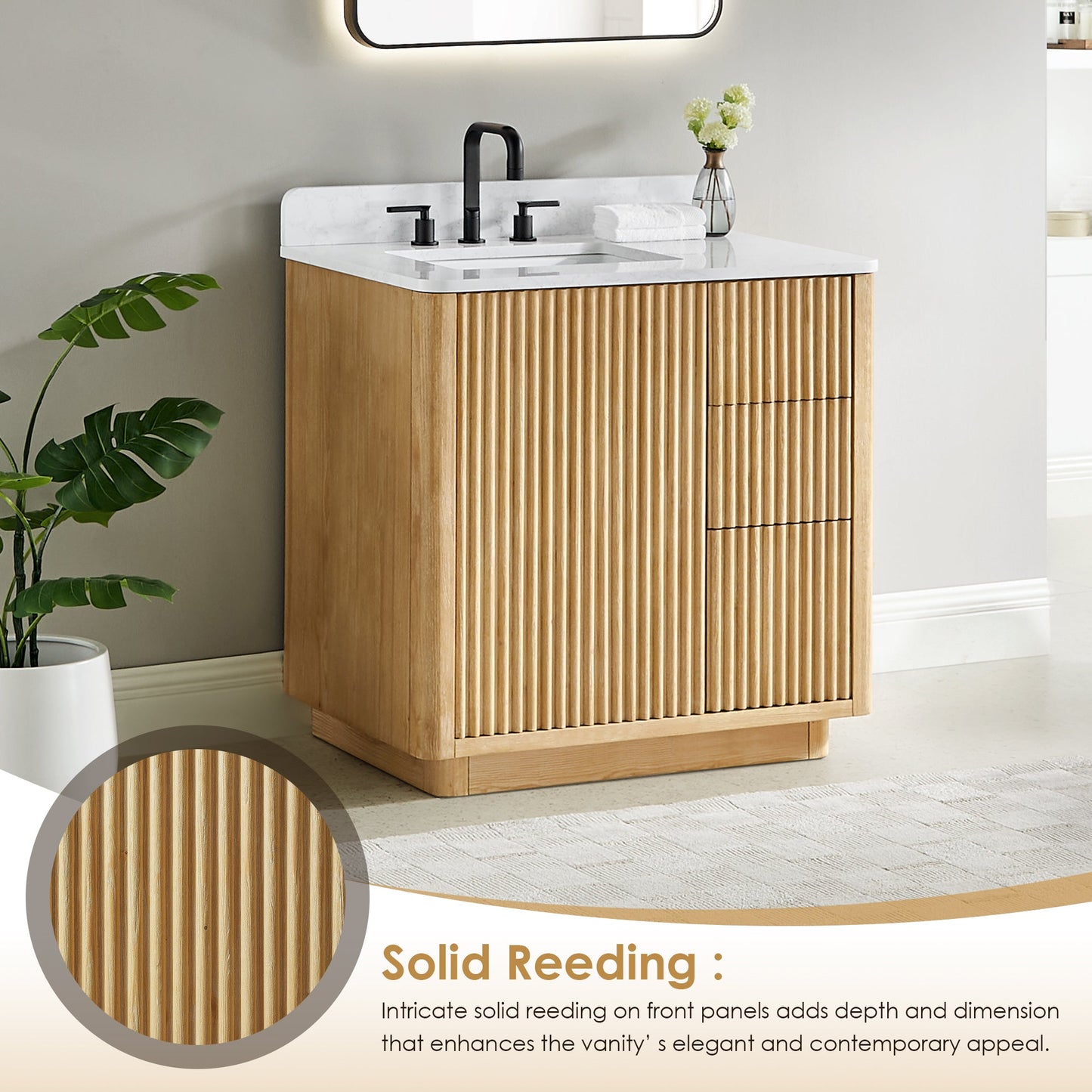 Clayton 36" Single Bathroom Vanity in Washed Light Brown with Grain White Engineered Stone Countertop