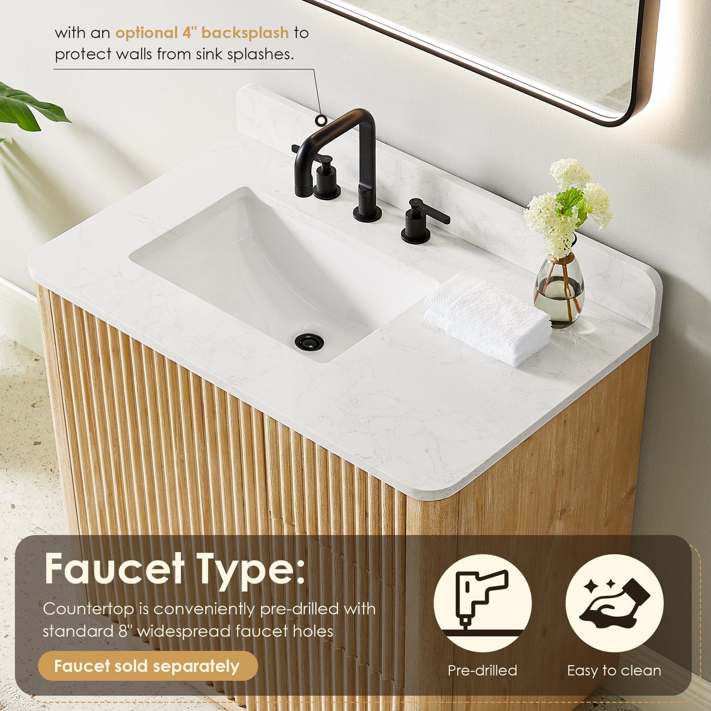 Clayton 36" Single Bathroom Vanity in Washed Light Brown with Grain White Engineered Stone Countertop