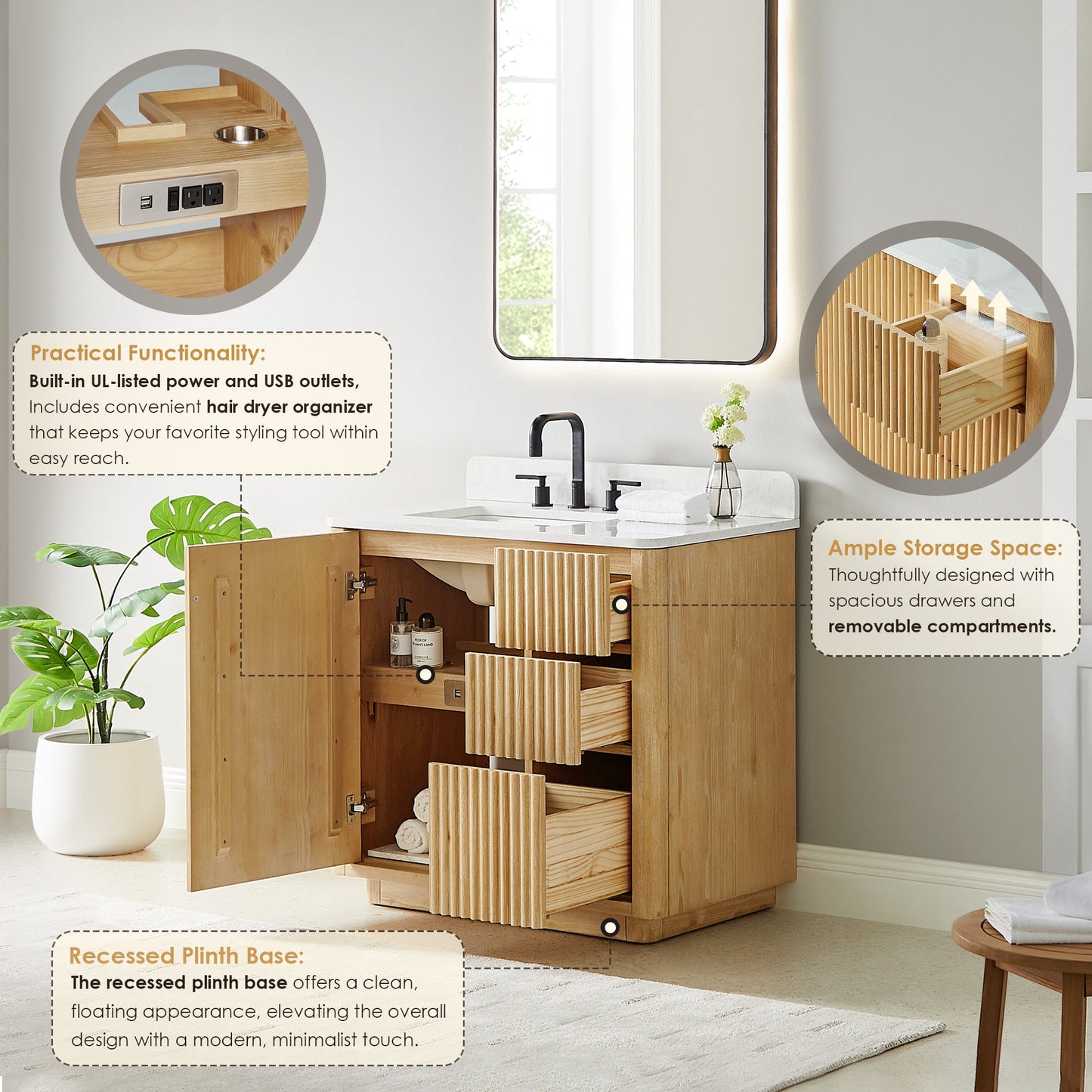 Clayton 36" Single Bathroom Vanity in Washed Light Brown with Grain White Engineered Stone Countertop