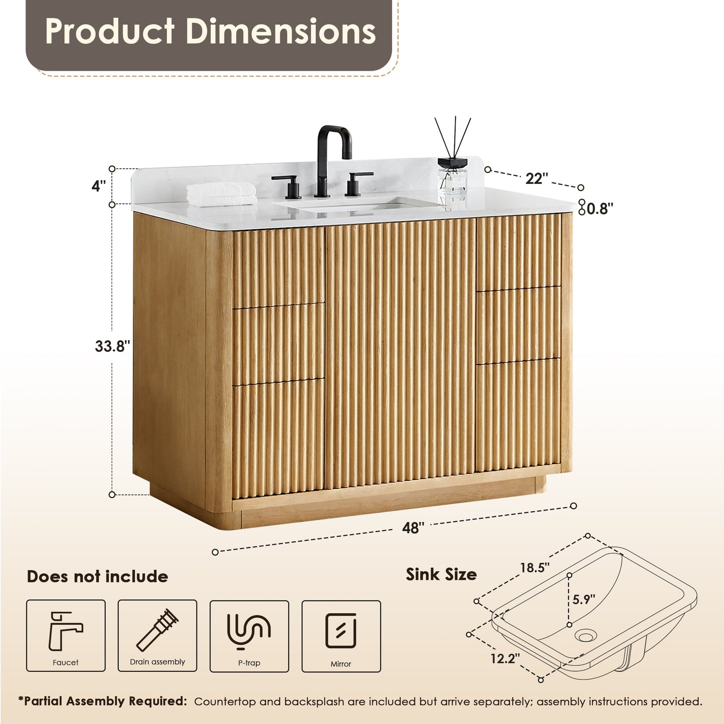 Clayton 48" Single Bathroom Vanity in Washed Light Brown with Grain White Engineered Stone Countertop