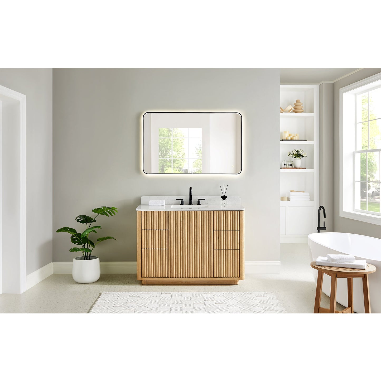 Clayton 48" Single Bathroom Vanity in Washed Light Brown with Grain White Engineered Stone Countertop