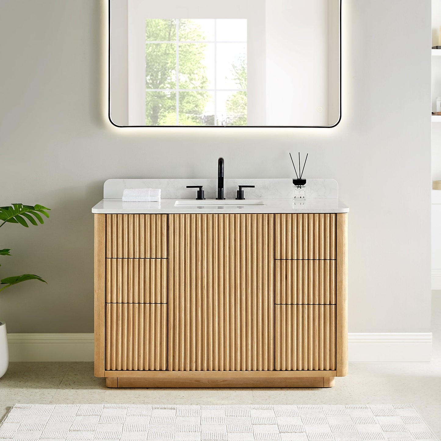 Clayton 48" Single Bathroom Vanity in Washed Light Brown with Grain White Engineered Stone Countertop