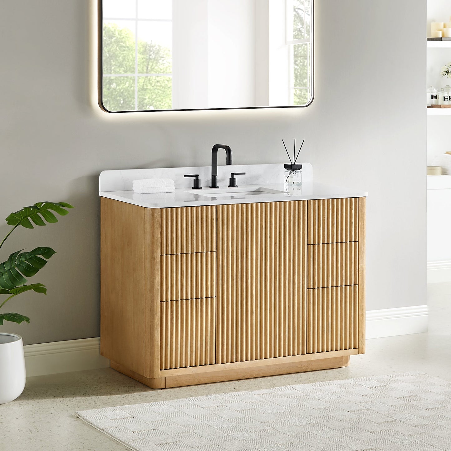 Clayton 48" Single Bathroom Vanity in Washed Light Brown with Grain White Engineered Stone Countertop