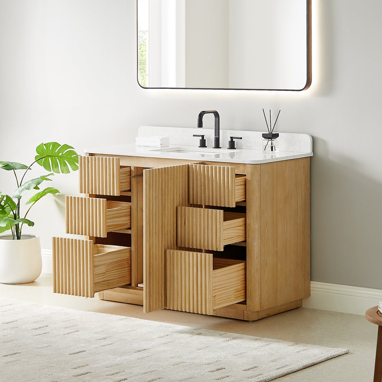 Clayton 48" Single Bathroom Vanity in Washed Light Brown with Grain White Engineered Stone Countertop