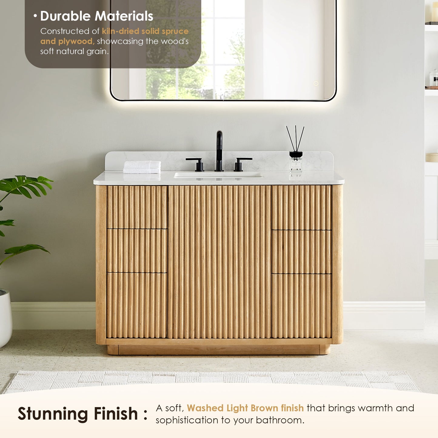 Clayton 48" Single Bathroom Vanity in Washed Light Brown with Grain White Engineered Stone Countertop