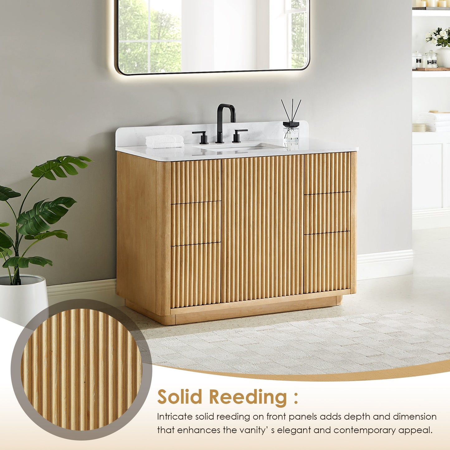 Clayton 48" Single Bathroom Vanity in Washed Light Brown with Grain White Engineered Stone Countertop